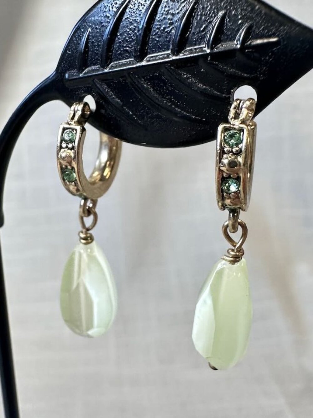 Vintage Liz Claiborne Gold Tone Hoop Earrings with Green Crystals and Drop Bead